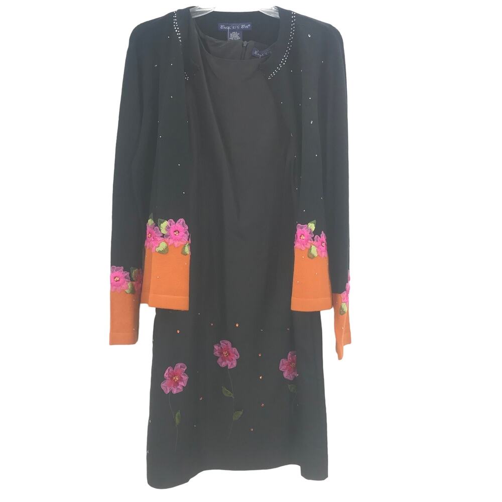 Eagle's Eye 2 Piece Floral SILK Open Front Sweater & Sheath Dress Black Large